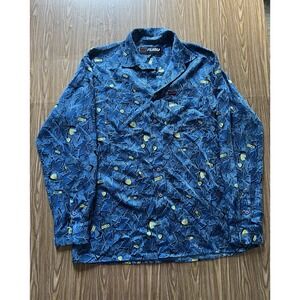 Vintage Y2K FUBU The Collection Button Up Shirt XL Blue Leaf Print Korea